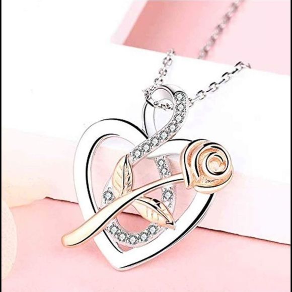 Rose Flower Heart Necklace - 925 Sterling Silver & Cubic Zirconia - Picture 2 of 6